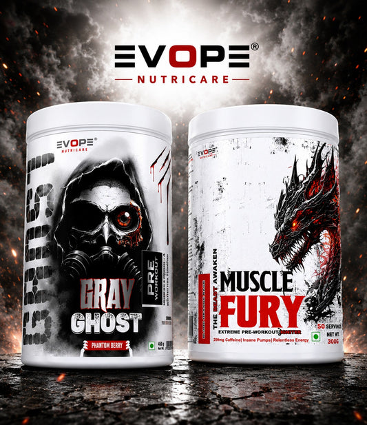 Evope Nutricare Gray Ghost Phantom Berry & Muscle Fury Blood Orange Rage Combo Pre Workout | 450g + 300g